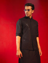 Men's Black Silk Blend Embroidered Sequinned Full Sleeves Nehru Jacket