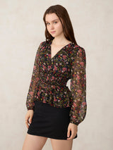 Women's Black Printed Peplum Top
