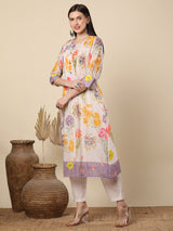 Women's White Daily Floral Three-Quarter Sleeves Kurta Sets
