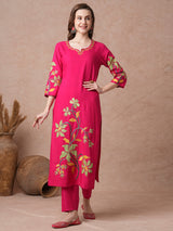 Women's Pink Casual Three Quarter Sleeves Co-ords Set