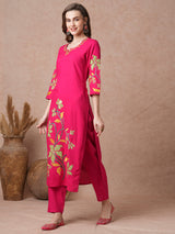 Women's Pink Casual Three Quarter Sleeves Co-ords Set