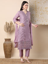 Women's Purple Festive Floral Three-Quarter Sleeves Kurta Sets