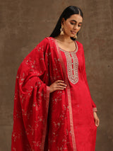 Women's Pink Silk Blend Embroidered Kurta & Silk Blend Solid Trousers with Pink Embroidered Dupatta