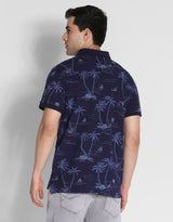 Men's Navy Casual Regular Fit Printed Half Sleeves Polo Tshirt