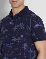 Men's Navy Casual Regular Fit Printed Half Sleeves Polo Tshirt