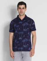 Men's Navy Casual Regular Fit Printed Half Sleeves Polo Tshirt