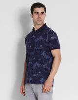 Men's Navy Casual Regular Fit Printed Half Sleeves Polo Tshirt