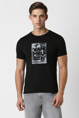 Men's Black Casual Slim Fit Printed Half Sleeves Tshirt
