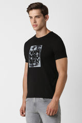 Men's Black Casual Slim Fit Printed Half Sleeves Tshirt