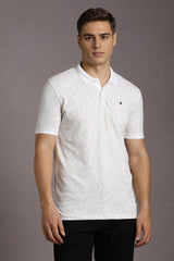 Men's White Casual Printed Slim Fit Half Sleeves Polo Tshirt