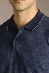 Men's Navy Casual Printed Slim Fit Half Sleeves Polo Tshirt