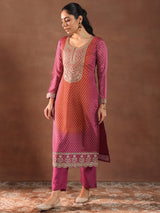 Women's Pink Bandhani Printed Straight Kurta With Trouser and Silk Chiffon Dupatta