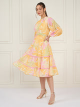 Women's Yellow Floral Printed Pleated Puff Sleeves Tie Chiffon Fit & Flare Midi Dress