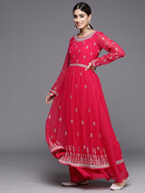 Women's Hot Pink Georgette Embroidered High Slit Kurta With Palazzo and Dupatta