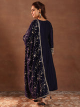 Women's Purple Floral Zari Embroidered Kurta With Solid Trouser and Dupatta