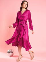 Women's Pink Puff Sleeve Laye Satin Wrap Midi Opaque Party Dress