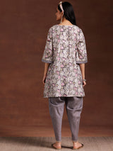 Women's Grey Floral Printed A-line Short Kurta With Printed Dhoti Pants