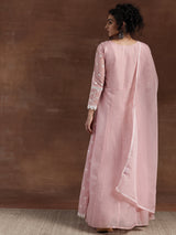 Women's Pink Motif Embroidered Panelled Kurta With Palazzo With Solid Dupatta
