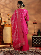 Women's Dark Pink Motif Woven Design Short Kurta With Solid Wide Leg Palazzo and Dupatta