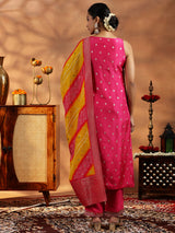 Women's Pink Motif Woven Design Sleeveless Kurta With Solid Trouser and Dupatta