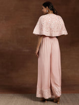 Women's Pink Solid Crop Top With Wide Leg Palazzos and Floral Short Poncho