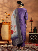 Women's Purple Ethnic Motif Kurta With Solid Trouser and Floral Printed Dupatta