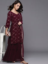 Women's Purple Georgette Mirror Work Straight Kurta and Purple Sharara With Net Dupatta