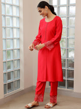 Women's Red Solid Panelled Kurta With Yoke and Solid Trouser With Dupatta