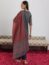 Women's Teal Blue Motif Printed Kurta With Lining and Solid Trouser With Dupatta
