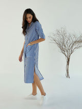 Women's Blue & White Casual Stripe Notched Lapel Midi Dress
