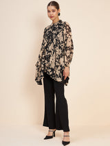 Women's Black & Beige Printed Embellished Top & Trousers