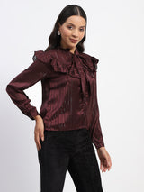 Women's Wine Casual Full Sleeve Tie Knot Frill Necked Striped Top