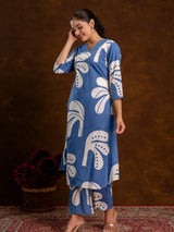 Women's Blue Tropical Leaf A-line Kurta Set