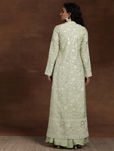 Women's Green Solid Crop Top with Solid Wide Leg Palazzos and Floral Embroidered Long Shrug
