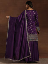 Women's Purple Ethnic Motif Zari Embellished Short Kurta With Palazzos and Dupatta
