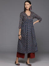Women's Blue And Maroon Bandez Printed Anarkali Kurta