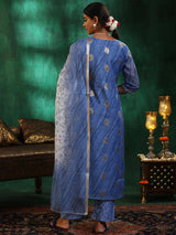 Women's Blue Leheriya Printed and Kurta With Lining & Trouser With Printed Kota Dupatta