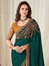 Women's Satin Silk Blue Embellished Designer Saree with Blouse Piece