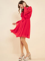 Women's Red V-Neck Fla Sleeve Sequinned Fit & Flare Dress