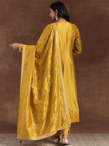 Women's Mustard Zari Embroidered Floral a-line Kurta With Palazzo and Dupatta