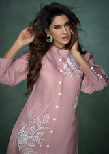 Women's Pink Work Regular Fit Embroidered Three Quarter Sleeves Co-Ord Sets