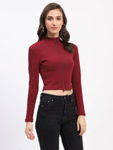 Women's Wine Casual Full Sleeve Ribbed Mock Neck Zipped Bodycon Top