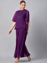 Women's Purple Sequin Embroide Top With Palazzo Co-ords Set