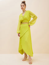 Women's Lime Green Crop Top With Accordion Pleated Overlap Assymetric Skirt