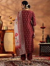 Women's Brown Ethnic Motif Kurta With Solid Trouser and Floral Printed Dupatta
