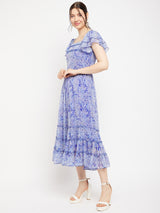 Women's Blue Square Neck Abstract Printed Tie Embellished Chiffon Fit & Flare Midi Dress