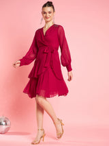 Women's Red Embellished Bell Sleeve Laye Chiffon Fit & Flare Party Dress