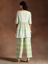 Women's Green Chevron Embroidered A-line Tunic With Embroidered Wide Leg Palazzo