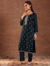 Women's Blue Ethnic Motif Embroidered Straight Kurta with Solid Trouser and Embellished Dupatta