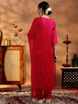 Women's Pink Floral Embroidered Straight Kurta with Solid Trouser and Poly Chiffon Self Design Dupatta